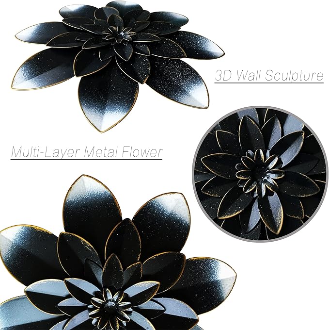 Black Metal Flower Wall Art Decor, 9.5“ Rustic Modern Floral Sculpture, Distressed Hanging Home Decoration Accent Artworks for Indoor Bedroom Living Room Office Outdoor Garden Patio