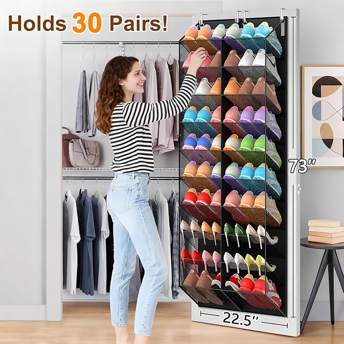30 Pairs Over the Door Shoe Organizer, Breathable Mesh Pocket Hanging Shoe Storage for Closet, 10-Tier Door Shoes Rack, Handing Shoes Holder Fit All the Family's Sneakers, Boots, Heels, Black