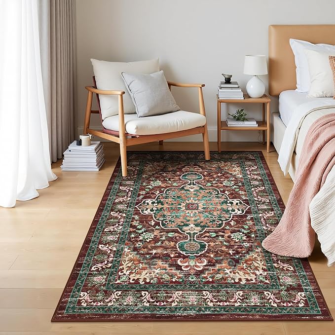 U'Artlines Boho Vintage Area Rug 3x5 Machine Washable Low Pile Ultra-Thin Soft Floor Carpet Non Slip Non Shedding Accent Rug for Living Room Bedroom Entryway Dining Room Office Rust＆Teal