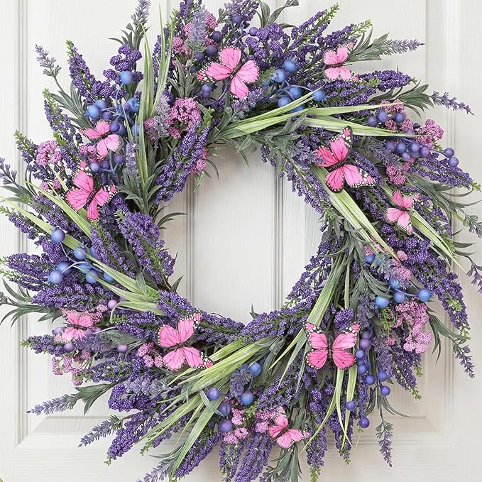 Lavender Wreaths for Front Door 24 Inch Spring Summer Wreath with Lavender,Berries, Butterflies,for Year-Round Use Indoors and Outdoors as Wall, Door, Window, Party and Wedding Decorations