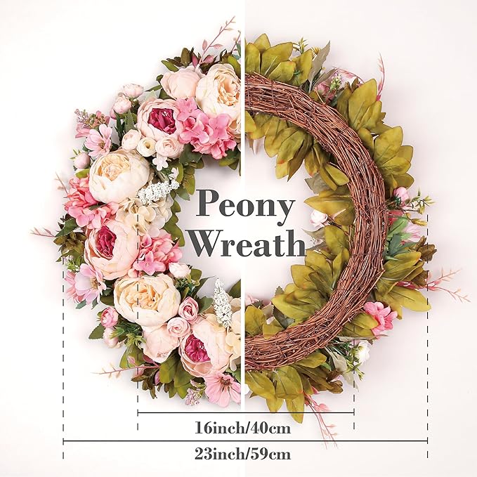 Peony Wreath 23'' Spring Wreaths for Front Door, Artificial Large Floral Wreath for Front Door Wall Decor, Valentine’s Day Home Wedding Housewarming Gift EZsenses (Light Pink)