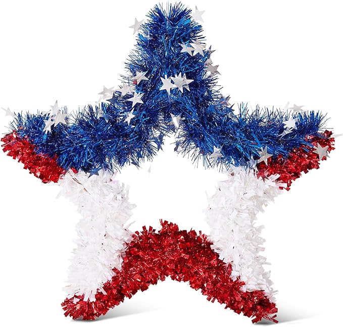 VeriNatural 4th of July Decorations - 19.5in Patriotic Red White and Blue Star Wreath - Independence Day Tinsel Wreath for Indoor Outdoor,Golf Cart, Party,Door and Wall Hanging Decor