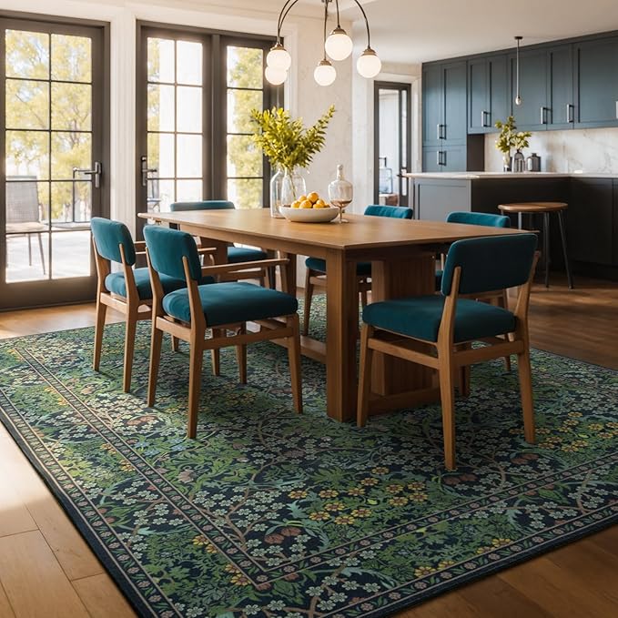Lessymo Floral Living Room Rug 8x10 Area Rugs, Vintage Forest Washable Rugs for Dining Room Bedroom, Low Pile Non Slip Rubber Green Mat, Distressed Retro Indoor Boho Carpet, Forest Green