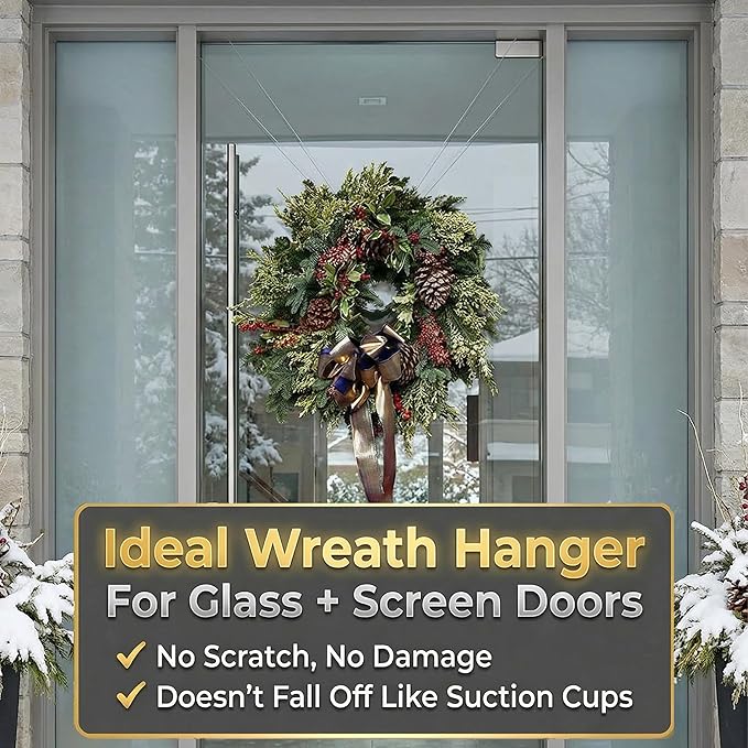 Zip 'n Hang Wreath Hanger for Front Door – Damage Free Adjustable Door Wreath Hanger for Glass, Screen & Standard Doors, Christmas Wreath & Decor Hook (White - 3 Pack)