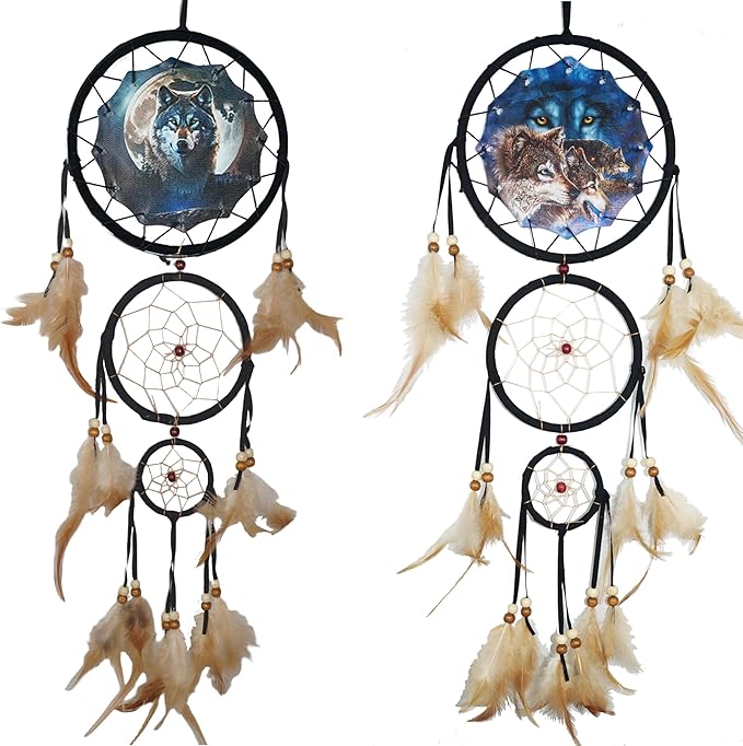 Remorelt Wolf Eagle Bear Dream Catcher Bedroom Wall Decor, Christmas Home Decoration, Room Accessory, White Moon Feather Decoration - Unique Home Craft Wall Pendant (DC25 6Inch Set 2 Wolf)