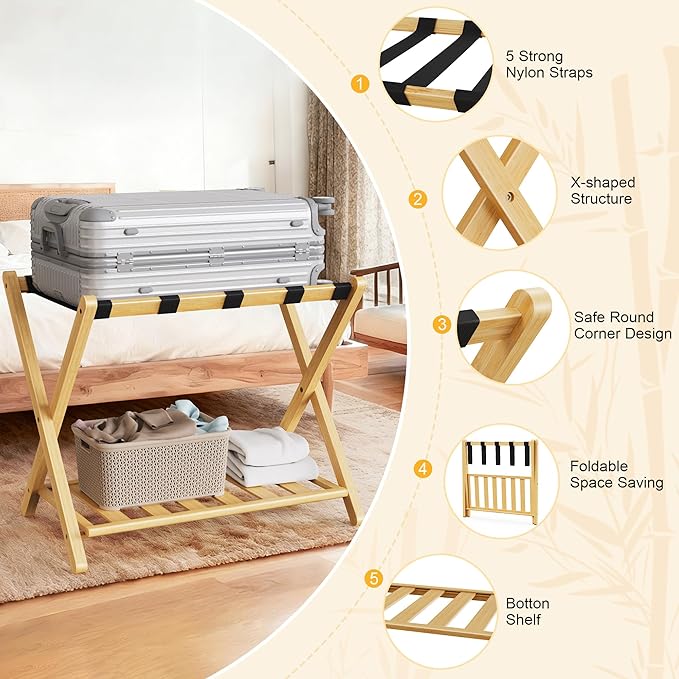 Luggage Racks Set of 2, Bamboo 26.77" Luggage Rack Stand for Guest Room, 5 Nylon Straps, Foldable Suitcase Stand with Storage Shelf for Bedroom Hotel, Holds up to 165 Lbs