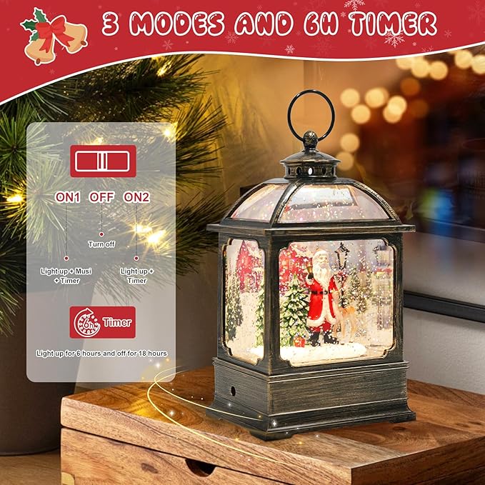 Christmas Snow Globe Lantern with Santa 8 Music Songs & 6H Timer Water Snow Globe Lantern USB & Battery Operated for Christmas Festival Decorations Gifts (Santa)