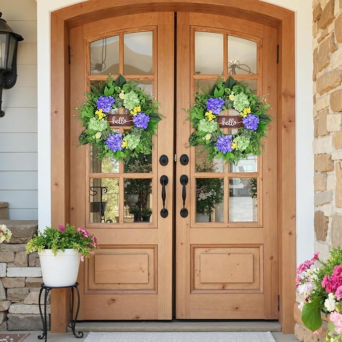 24” Spring Summer Wreaths for Front Door, Greenery Front Door Wreath with Hello Sign for Indoor Outdoor Porch Window Wall, Artificial Floral Wreath with Hydrangeas Berries for Home Decor