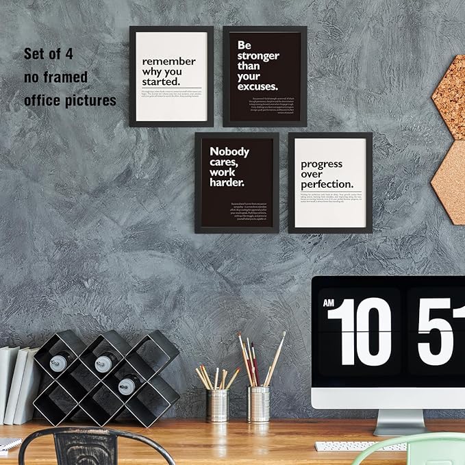 DSHFG Motivational Office Pictures Wall Decor Prints Set of 4, Black Motivational Wall Art Decor Retro Posters Prints for Office Home Decor, 8x10 Unframed