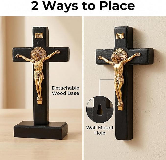 PHYUKEY Wooden Wall Cross with Jesus Christ Small 5.5in Standing Crucifix with Detachable Stand for Wall Hanging or Tabletop Display, Christian Gift & Catholic Home Decor