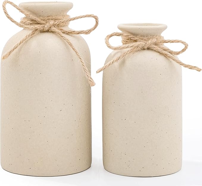 Hirdbrote Small Ceramic Vases for Decor 2-Piece, Flower Vase Vintage Decor Modern Farmhouse Rustic Home Decor, Wedding Centerpiece, Farmhouse Kitchen (5.5”& 4.7” Tall) (Beige & Black dot)