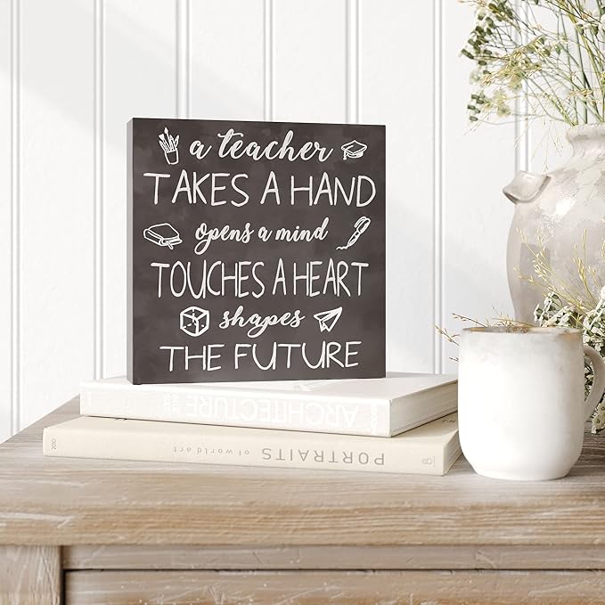 Barnyard Designs Wooden Box Sign Motivational Desk Decor, Inspirational Office Desk Decorations for Women Office Bathroom Shelf Décor (Teacher)