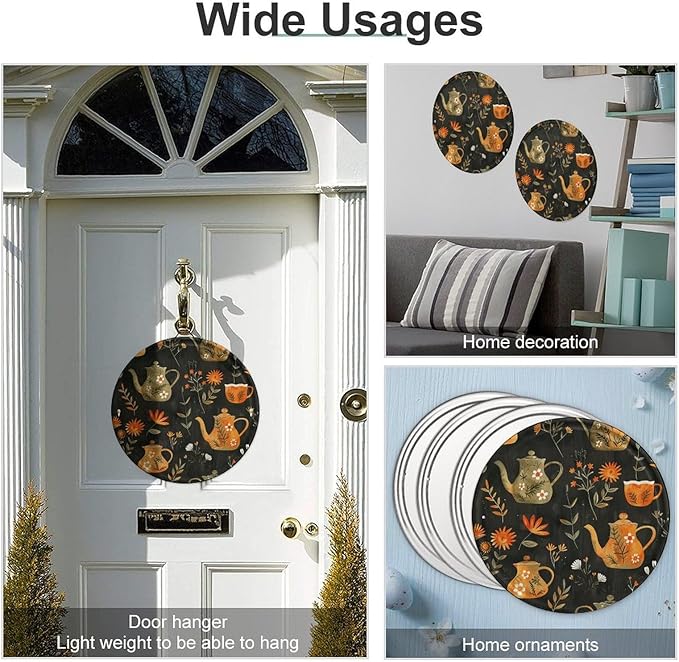 Wall Picture, with Plants and Teapot Printed Circular Iron Hanging Picture,Wall Art Decor,Home for Bedroom Living Room Bathroom Decor,Iron Painting 11.8X11.8 in