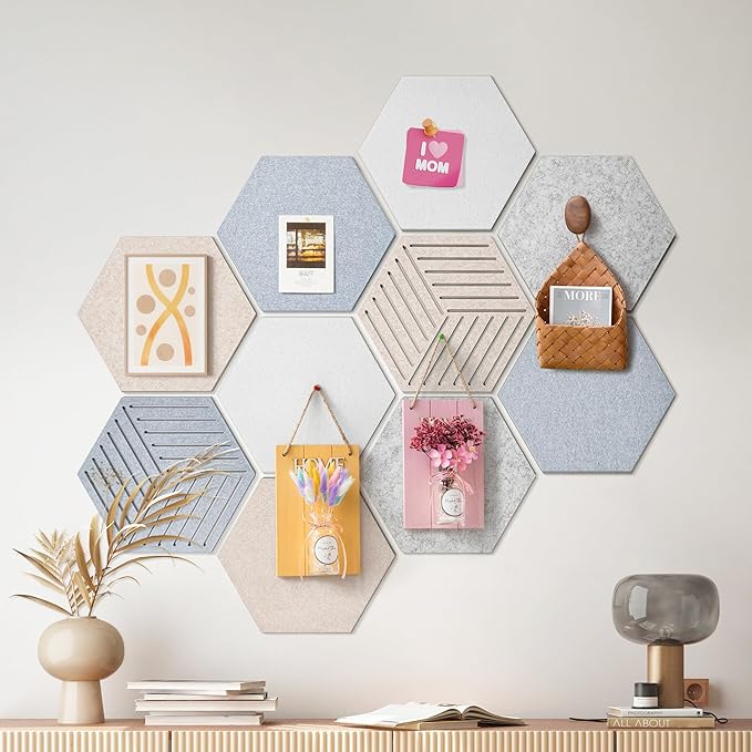 10PCS Hexagon Cork Board Tiles Alternative - 12x10 Inch Frameless Felt Bulletin Board for Wall, Adhesive Cork Board Tiles for Office & Home Decor, Sound Absorbing Pin Boards for Walls & Photos