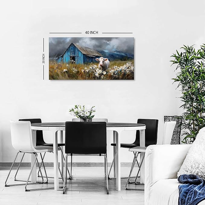 Farmhouse Barn Wall Art Cow Pictures Wall Decor Rustic Blue Barn Landscape Kitchen Wall Decor Country Wildflower Meadow Field Canvas Prints Artwork for Living Room Dining Room Home Decoration 20x40"