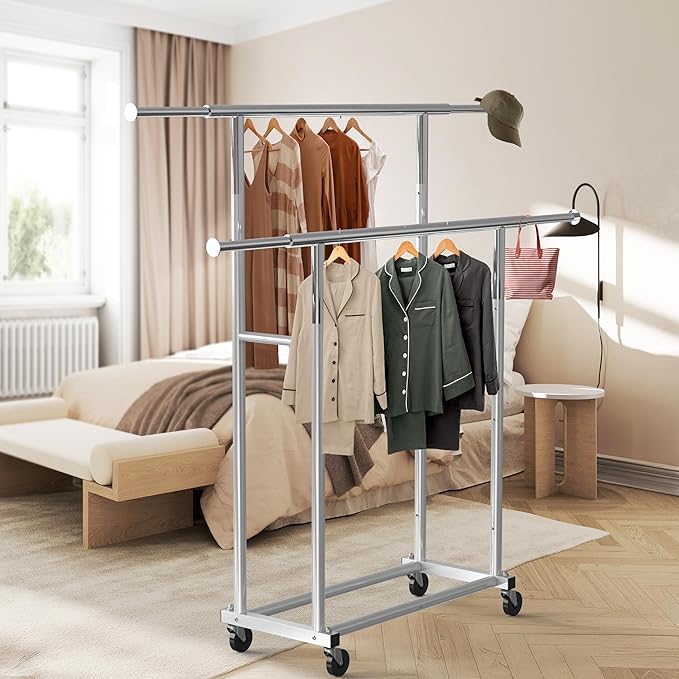 Simple Houseware Standard Double Rod Garment Rack, Silver