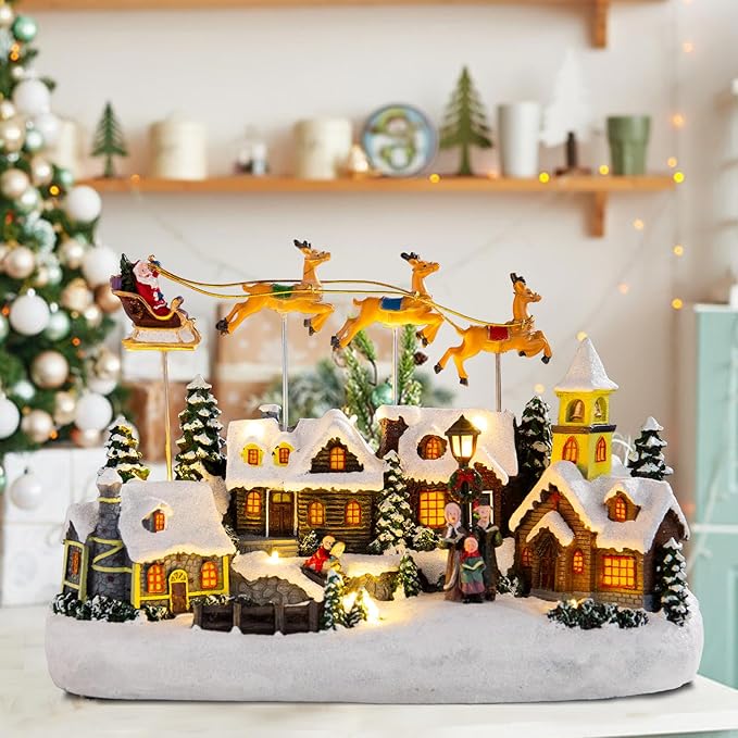 WONDER GARDEN Christmas Village Houses-Christmas Houses Village - Lighted Town Sets Colorful Musical Collectible Buildings with Elks Pulls Santa in Sleigh for Home Indoor Decor or Gift