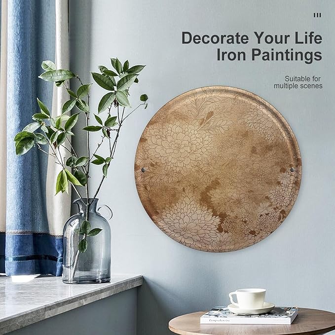 Wall Picture, with Golden Floral Design Printed Circular Iron Hanging Picture,Wall Art Decor,Home for Bedroom Living Room Bathroom Decor,Iron Painting 11.8X11.8 in