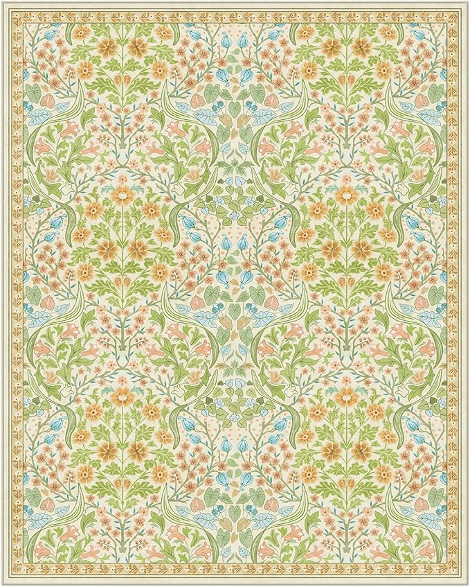 Moynesa Floral Washable Rugs, 8x10 Area Rug for Living Room, Soft Large Boho Bedroom Rugs, Flower Non Slip Ultra Thin Botanical Carpet for Dining Room Nursery Office, Spring
