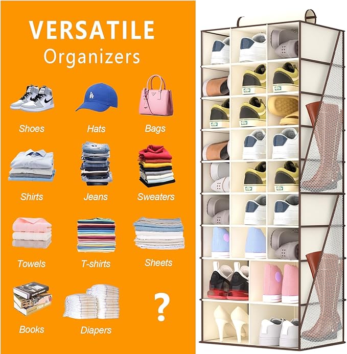 VERONLY Hanging Shoe Organizer for Closet-Collapsible Storage Rack with 25 Sections & 4 Side Pockets, Hanging Shoe Shelves for Hats,and Clothes, Beige