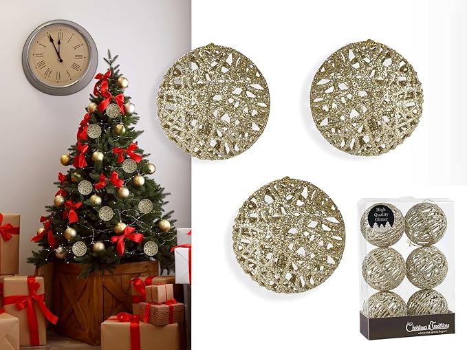 Christmas Traditions 4 inch Champagne Gold Glittered Rattan Ball Ornaments Hanging Tree Decorations (Set of 6) (Champagne Gold)