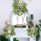 6 Pcs Green Eucalyptus Swag Wreaths for Pillars Spring Summer Kitchen Cabinet Wreaths Mini Green Berry Leaves Wreath with Ribbon for Front Door Porch Wall Window Farmhouse Decoration