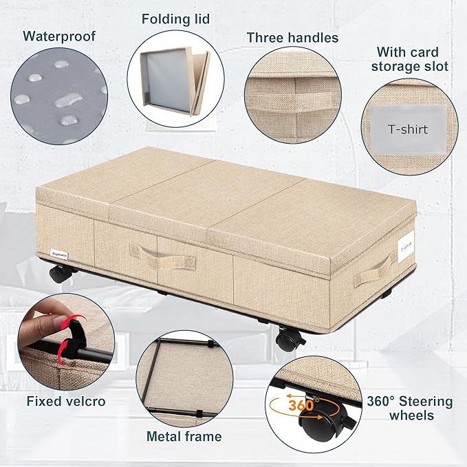 Under Bed Storage with Wheels, Rolling Underbed Storage Containers with Lids, Under Bed Shoe Storage Bins Organizer with Reinforced Metal Bottom Support and Three Handles