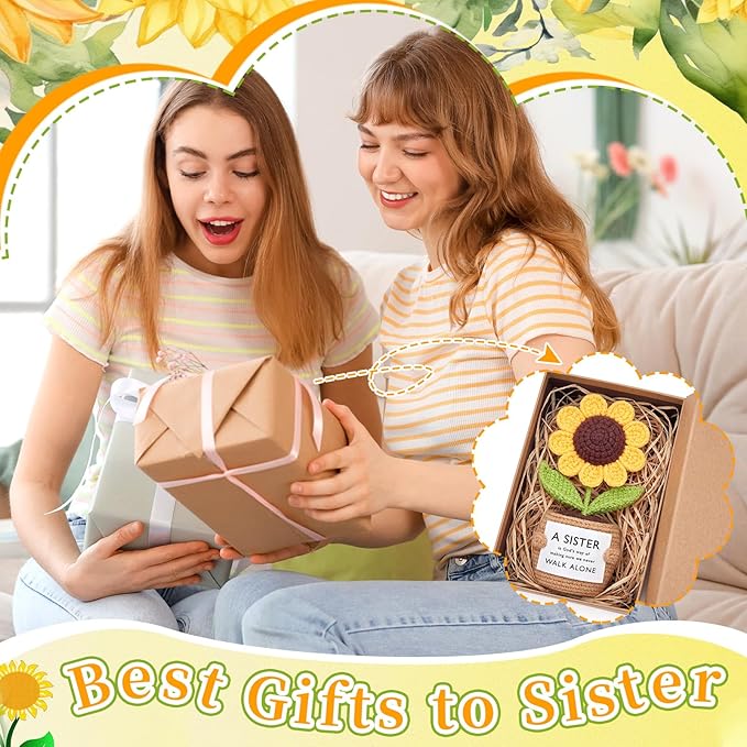 Wavwavw Sister Gifts Handmade Crochet Doll with Card Crochet Present for Sisters Sis Big Little Sister Birthday Wedding Home Decor(Helianthus)