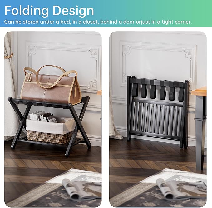 SMIBUY Luggage Rack, Set of 2, Foldable Bamboo Suitcase Stand with Storage Shelf for Guest Room, Bedroom, Hotel, Heavy-Duty (Black)