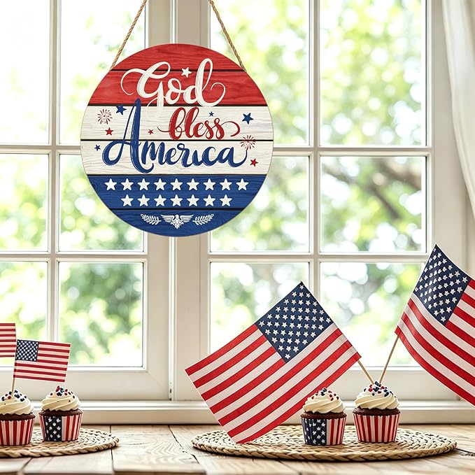 July Fourth Memorial Day Decorations Sign for Front Door Independence Day Patriotic Wreath Welcome Hanging Plaque God Bless America Round Wooden Hanger for Memorial Outdoor Decor 12”x 12”