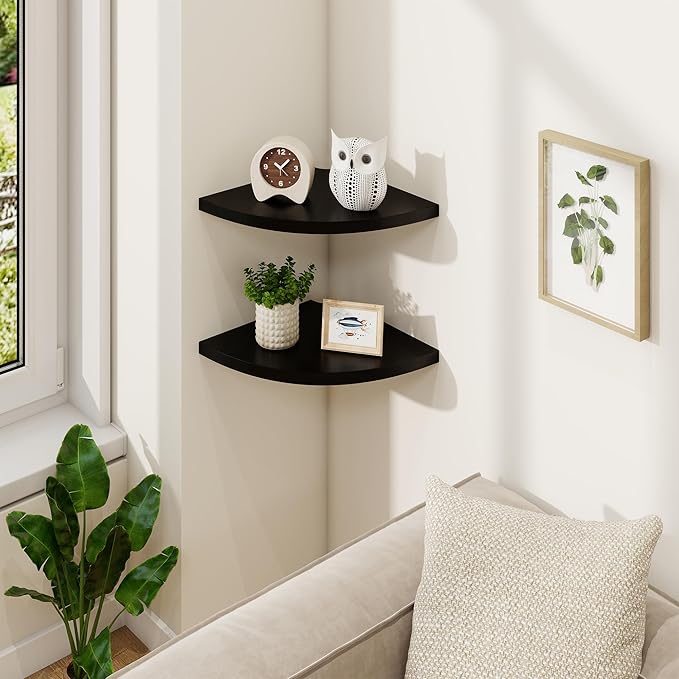 Fun Memories Corner Shelf Wall Mount Set of 2 - Solid Oak Wood Floating Corner Shelf with Cable Hole, 10in Rustic Design for Bedroom, Living Room, Kitchen (Black)
