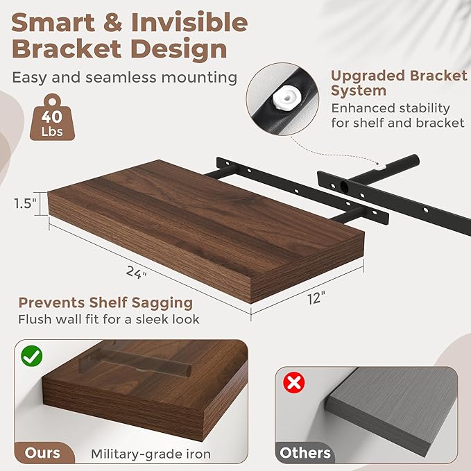 24 Inch Floating Shelves for Wall Set of 2, 12"D Wood Grain Bathroom Shelves with Invisible Brackets, Easy Install Engineered Wood Storage Shelves for Kitchen, Living Room, Bedroom, Walnut Finish