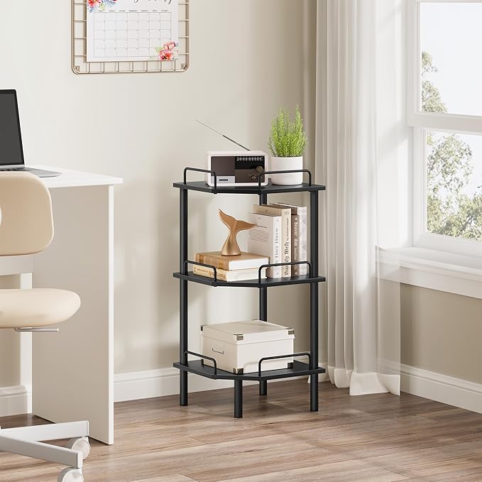 Tajsoon Corner Shelf Stand, 3 Tier Industrial Corner Shelves, Multipurpose Standing Display Shelf, Corner Shelving Unit for Bedroom, Living Room, Office, Kitchen, Black