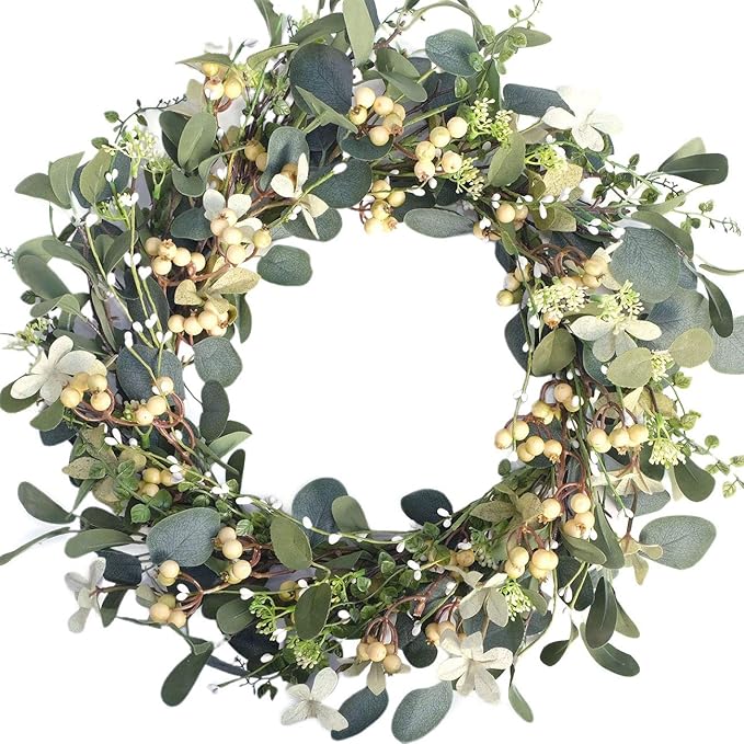20Inch Artificial Eucalyptus Berry Wreath Green Leaf Eucalyptus Wreaths Spring Summer Wreath for Front Door Window Hanging Wall Party Decorations (20in)
