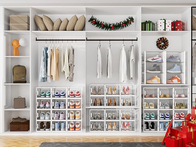 Shoe Organizer, 12 Pack Shoe Storage Shoe Organizer for Closet, Shoe Boxes Clear Plastic Stackable Shoe Storage Boxes for Size 13