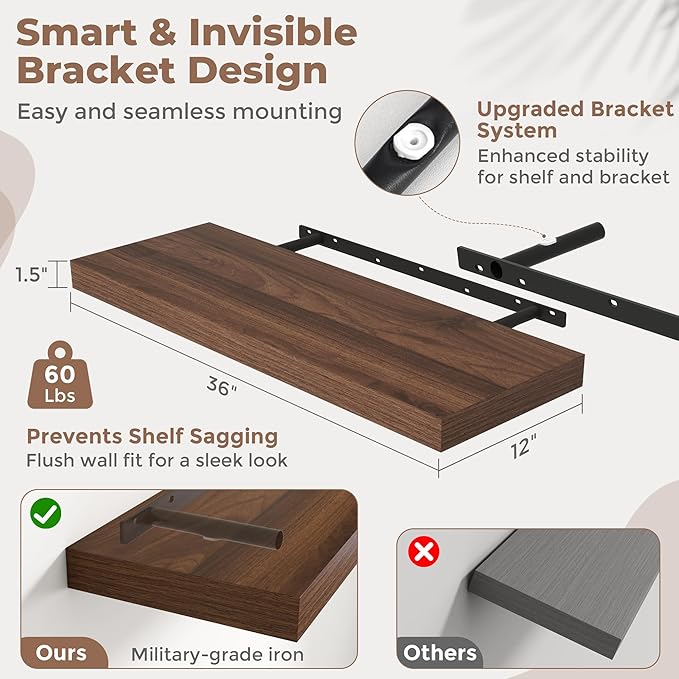 36 Inch Floating Shelves for Wall Set of 2, 12"D Wood Grain Bathroom Shelves with Invisible Brackets, Easy Install Engineered Wood Storage Shelves for Kitchen, Living Room, Bedroom, Walnut Finish