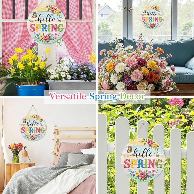 PETCEE Hello Spring Door Sign - 11.5" Colorful Flowers Welcome Wreath for Front Door Spring Decorations Farmhouse Porch Decor Rustic Round Wreath Sign Hanging Wall Plaque Easter Home Outdoor Decor