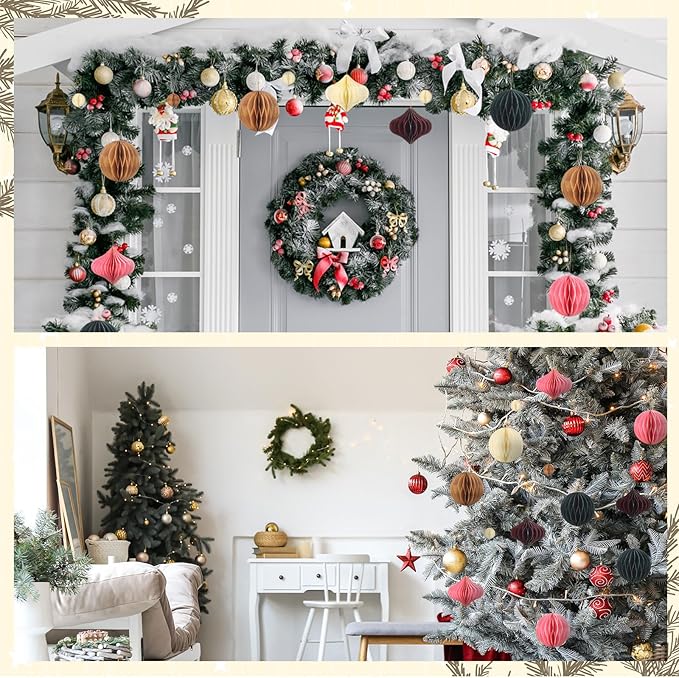 TecUnite 50 Pcs Christmas Paper Honeycomb Ornaments for Tree Vintage 3D Mini Glitter Edge Paper Christmas Ornament Honeycomb Tree Hanging Neutral Boho Holiday Xmas Party Decoration(Boho)