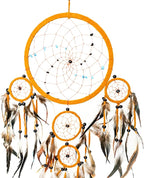 OMA Dream Catcher Wall Hanging - Boho Dream Catcher Wall Decor with Tiger Eye Stones and Feathers - Brown Suede Traditional Design - Perfect Bedroom Decoration and Gift - Large 28"x9" (3 Stone)