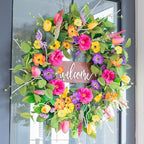 Pinkpuii Spring Wreaths for Front Door Outside – 24 Inch Artificial Tulip & Wildflower Summer Wreath with Green Eucalyptus Leaves and Welcome Sign- Indoor Outdoor Farmhouse Home Porch Wall Decor