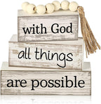 Yuntau 4 Pcs Farmhouse Wooden Tabletop Decor Farmhouse Tiered Tray Decor Rustic Retro Wood Bead Garland with God All Things are Possible Block Sign Neutral Centerpiece Sign for Home Shelf Mantle