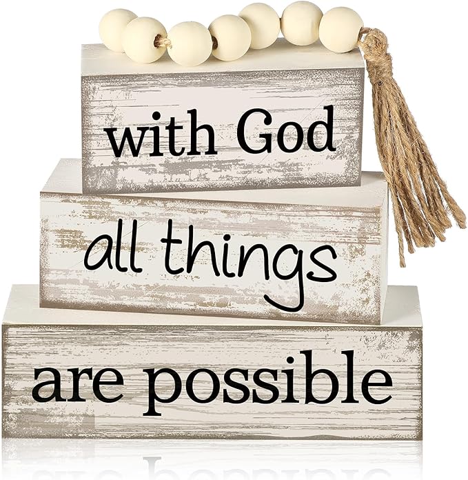 Yuntau 4 Pcs Farmhouse Wooden Tabletop Decor Farmhouse Tiered Tray Decor Rustic Retro Wood Bead Garland with God All Things are Possible Block Sign Neutral Centerpiece Sign for Home Shelf Mantle