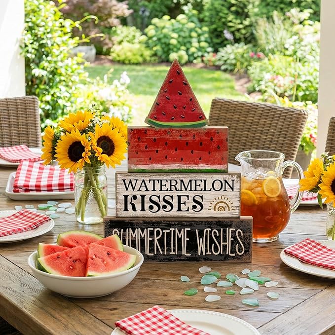 Lineshading 4 Pcs Summer Table Decor Wooden Watermelon Tiered Tray Decor Rustic Farmhouse Watermelon Block Signs Gifts Summer Tabletop Centerpieces for Home Kitchen Coffee Bar Decorations