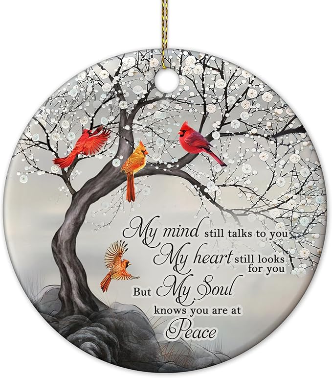 HYTURTLE My Mind Still Talks To You Cardinal Circle Ceramic Ornament - Memorial Christmas Ornament Gifts For Loss Of Loved One In Heaven - Memorial Hanging Home Decorations Ornaments - 3' Inch