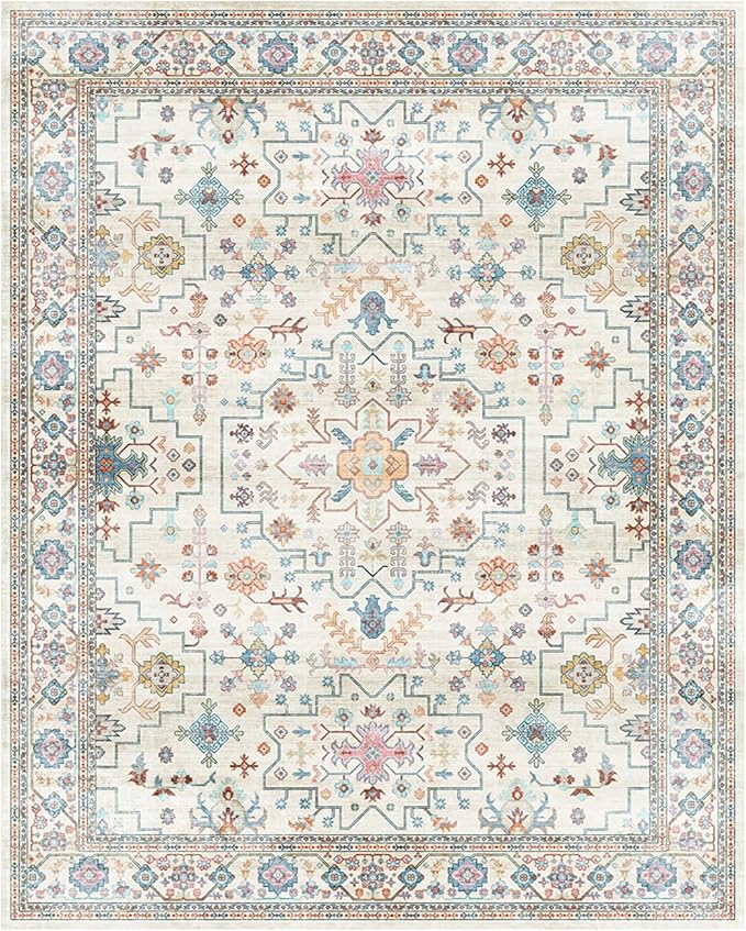 Lessymo Area Rugs 8x10 for Living Room, Soft Non-Slip Washable Rug for Bedroom Dining Home Office Nursery Room, Vintage Floral Large Carpet, Boho Colorful Pastel Farmhouse Decor, Multi/Ivory