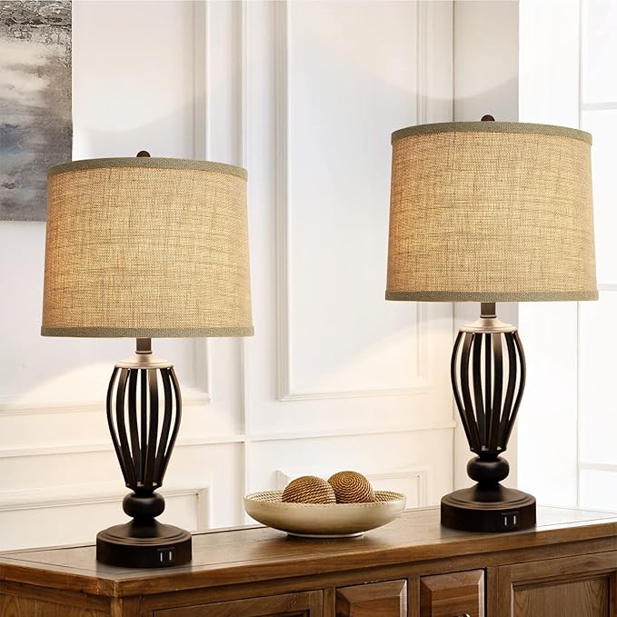 Burlap Lampshades Set of 2, 11.6" Top x 12.6" Bottom x 9.8" High, Brown Drum Shades for Table & Floor Lamps (Spider Fitter), Hand Crafted, Assembly Required