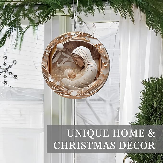 2025 Christmas Ornaments, Christmas Tree Ornaments Acrylic, Faux Stained Glass Effect White Elephant Gifts Exchange, Unique Suncatcher Xmas Stocking Stuffers for Women, Men (Holy Nativity)