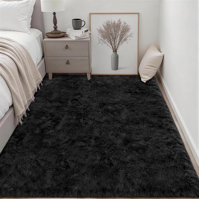 Fluffy 5x7 Area Rugs for Living Room Bedroom: Ultra Soft Shag Rug Non-Slip Non-Shedding Small Plush Bedside Rug Indoor Floor Carpets for Kids Room Playroom Entryway Nursery Dorms Home Decor Black