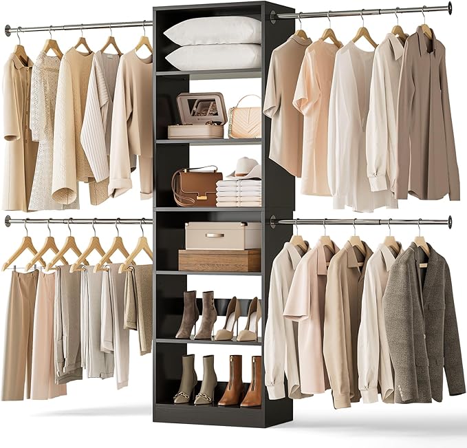 W1 Closet System, 3.5FT-7.7FT Closet Organizer System with 4 Chrome-Plated Telescopic Rods & 6 Adjustable Shelves, Custom Wood Walk-In Closet Wall-Mounted Clothing Rack, Black