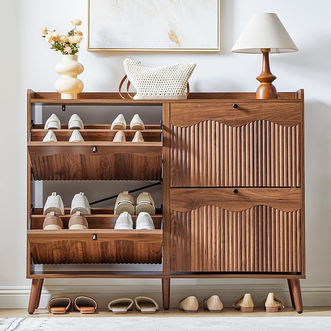 BERRYMERRY 47.2” Shoe Storage Cabinet for Entryway with 4 Flip Drawers, Narrow Shoe Organizer with Wave&Fluted Panel, Freestanding Wood Hidden Shoe Cabinet for Hallway